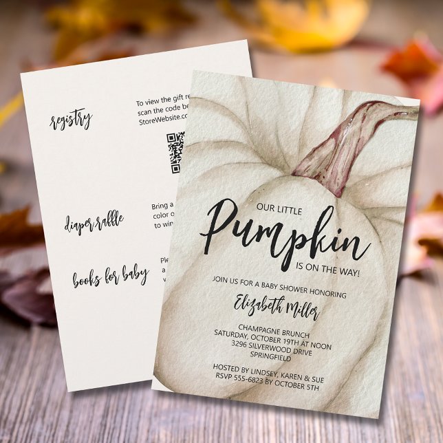 Convites Chá de fraldas Branco De Abóbora Tudo Em Um Único (White pumpkin baby shower all in one invitations,  registry, diaper raffle & books for baby on back)