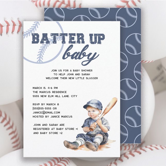 Convites Chá de fraldas branco de beisebol com bateria para ("Batter Up Baby" baseball baby shower invitation)