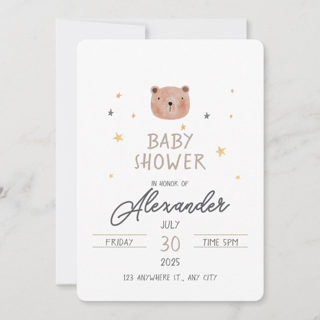 Convites Chá de fraldas branco e castanho de aquarela (Frente)