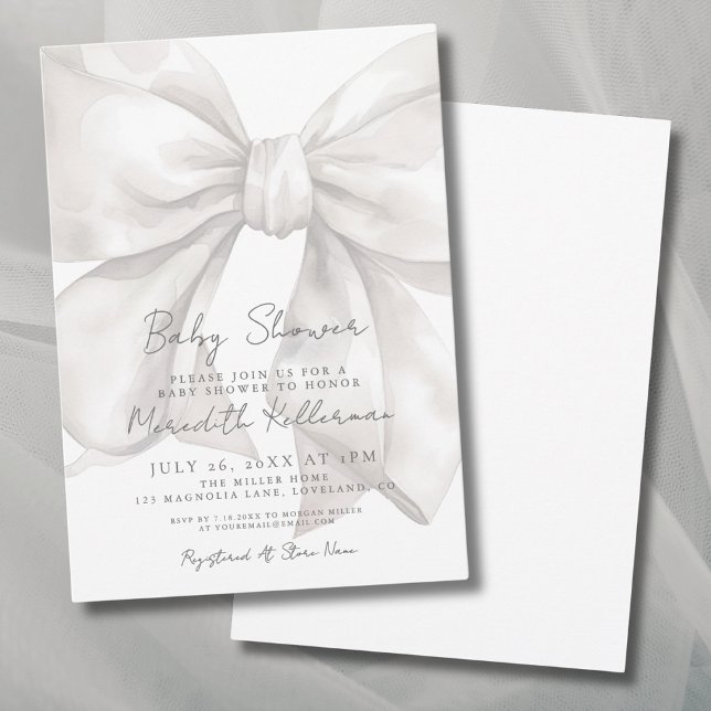 Convites Chá de fraldas branco Elegante de Arco de aquarela (Elegant Watercolor White Bow Baby Shower Invitation)