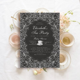Convites Chá de fraldas Branco Elegante Lace Black do Tea P
