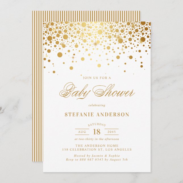 Convites Chá de fraldas Branco Faux Gold Foil Confetti Pont (Frente/Verso)
