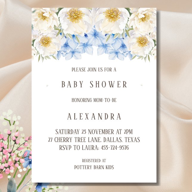 Convites Chá de fraldas Branco Floral Azul Hydrangea Garden (Criador carregado)