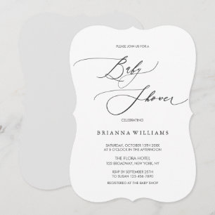 Convites Chá de fraldas branco preto de caligrafia elegant