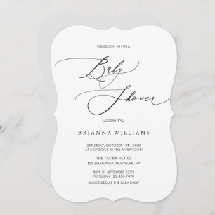 Convites Chá de fraldas branco preto de caligrafia elegante