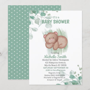 Convites Chá de fraldas Branco Verde de Urso Cento