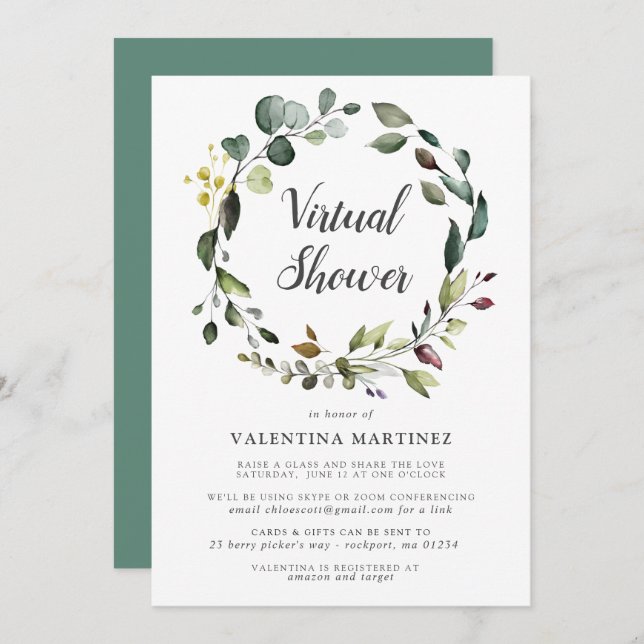 Convites Chá de fraldas Bridal Virtual Eucalyptus Wreath (Frente/Verso)