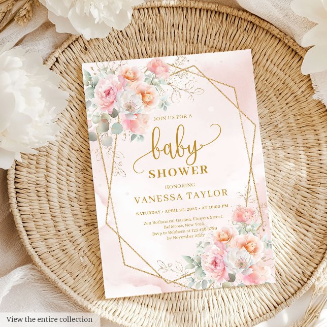 Convites Chá de fraldas brilhante, cor-de-rosa e dourado (Sweet blush pink and gold glitter baby shower Invitation)