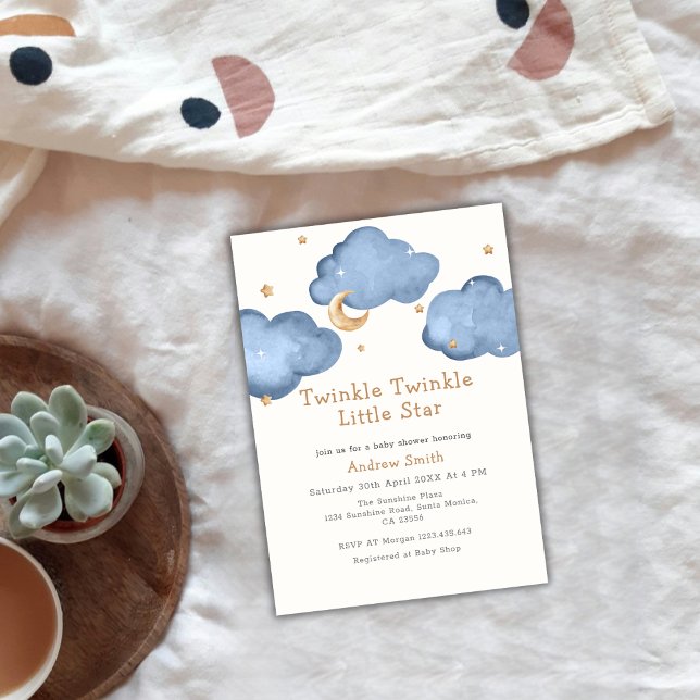 Convites Chá de fraldas Brilhante das Estrelas da Lua Azul (Blue Moon Stars Twinkle Twinkle Baby Shower Invitation)