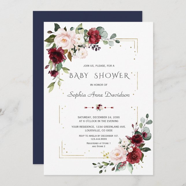 Convites Chá de fraldas Brilhante Dourado Floral Blush (Frente/Verso)