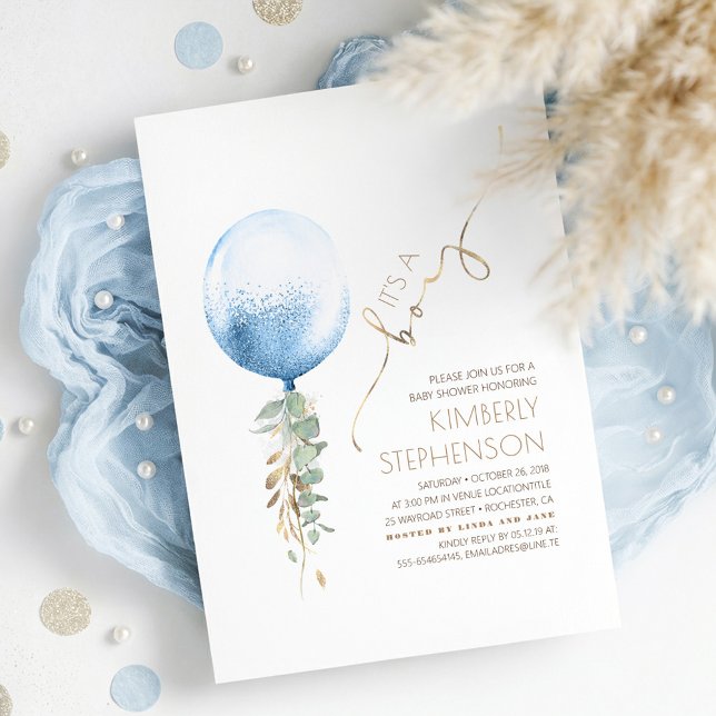 Convites Chá de fraldas Brown Sage Green e Blue Boy (Whimsical Cute Light Blue Balloon and Gold Baby Boy Baby Shower Invitation)