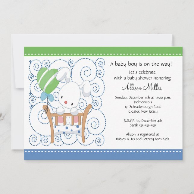 Convites Chá de fraldas Bunny Baby Boy (Frente)