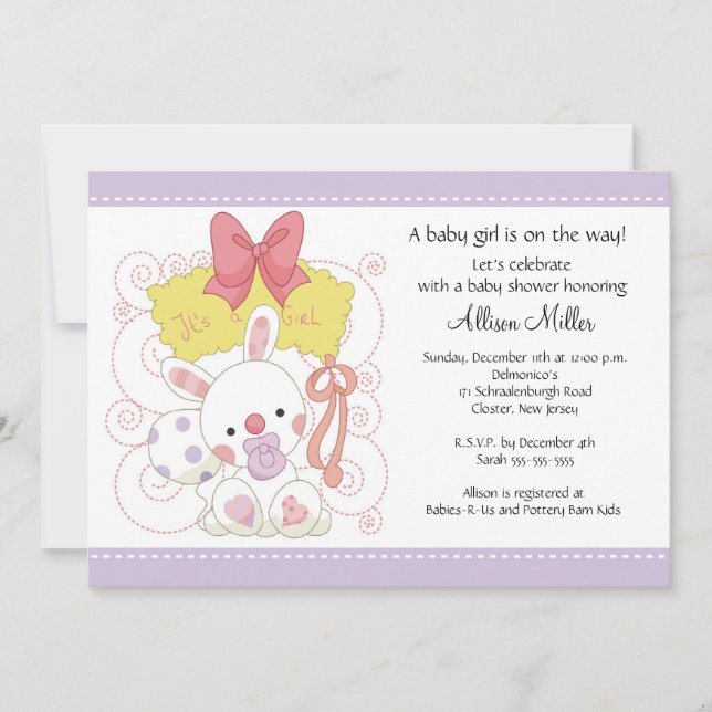 Convites Chá de fraldas Bunny Baby Girl (Frente)