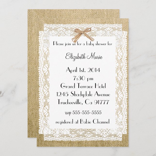 Convites Chá de fraldas Burlap e Lace (Frente/Verso)