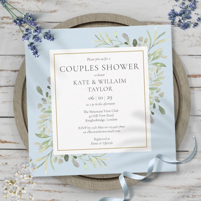 Convites Chá de fraldas Casal Azul do Garoto Verde de Aquar (Watercolor Greenery Boy Blue Couples Baby Shower Invitation)