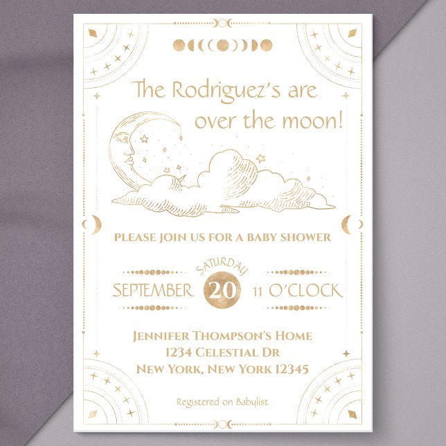 Convites chá de fraldas Celestial Moon & Stars ("over the moon" gold baby shower celestial theme zodiac moon and stars twinkle twinkle little star)