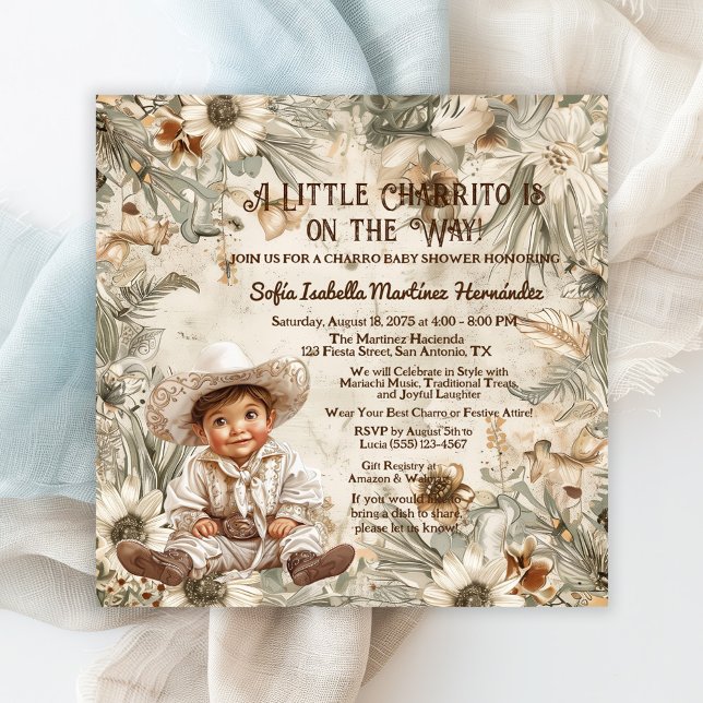 Convites Chá de fraldas Charro Pequeno (Cute charro baby shower invitation with adorable baby boy!)