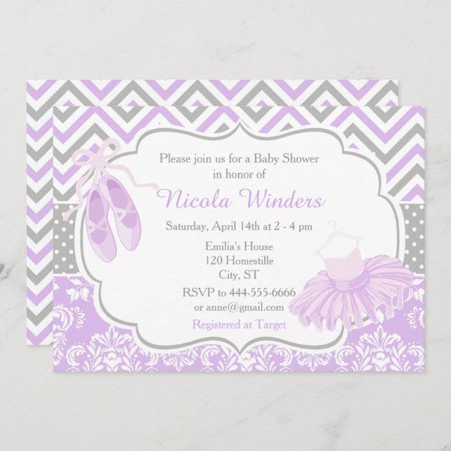 Convites Chá de fraldas Chevron Ballerina, roxo e Cinza (Frente/Verso)