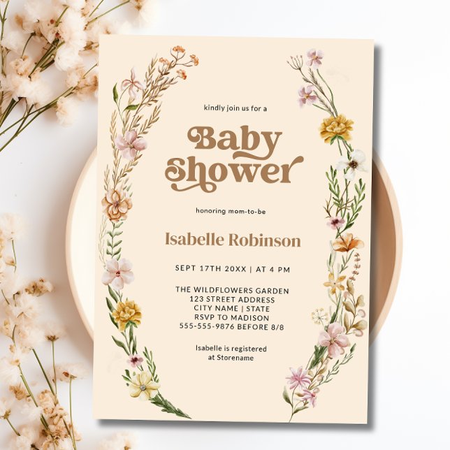 Convites Chá de fraldas Chic Boho de Flor Selvagem (Wildflower Boho Chic Baby Shower Invitation)