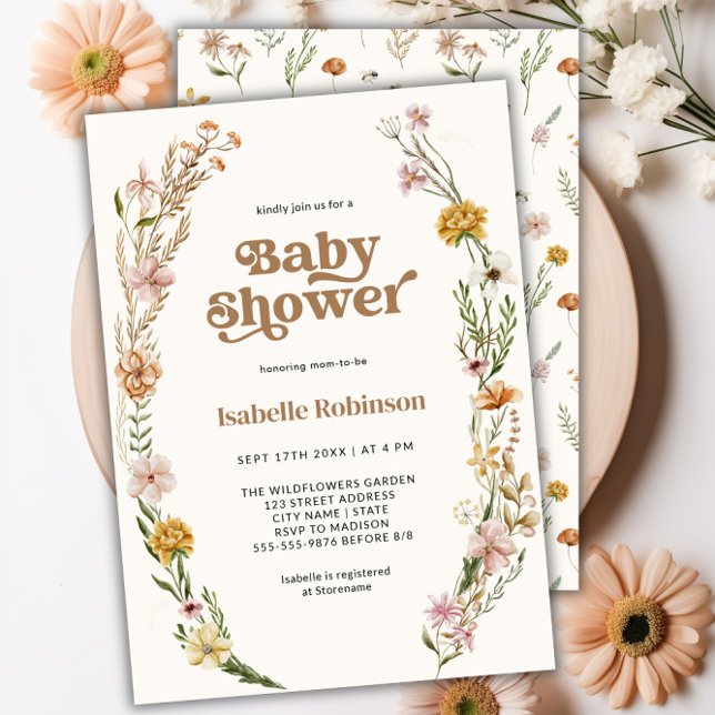 Convites Chá de fraldas Chic Boho de Flor Selvagem (Wildflower Boho Chic Baby Shower Invitation)