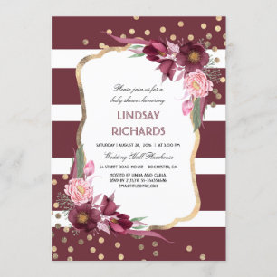 Convites Chá de fraldas Chic Dourado Confetti Floral Burgun