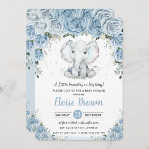 Convites Chá de fraldas Chic Pastel Blue Floral Elephant Bo