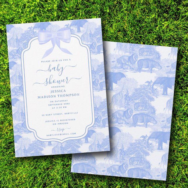 Convites Chá de fraldas Chinoiserie Blue Toile Safari (Blue Toile Safari Animals Chinoiserie Baby Shower Invitation)