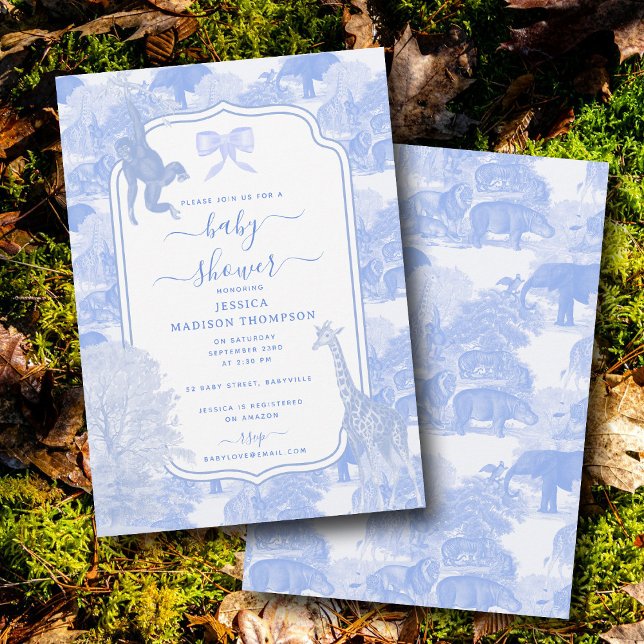 Convites Chá de fraldas Chinoiserie Blue Toile Safari (Blue Toile Safari Animals Chinoiserie Baby Shower Invitation)