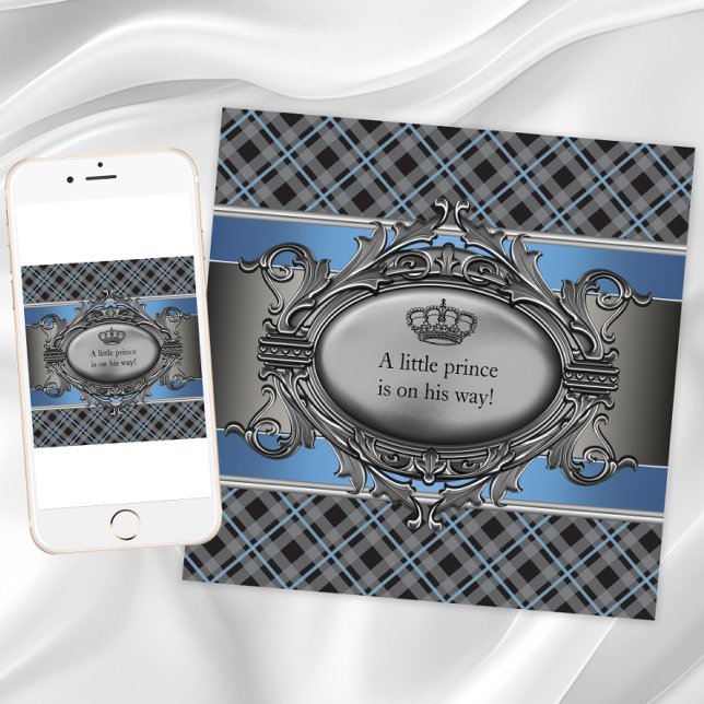 Convites Chá de fraldas Cinza azul (Blue and gray plaid baby shower invitation. Add your text to the front and back.)