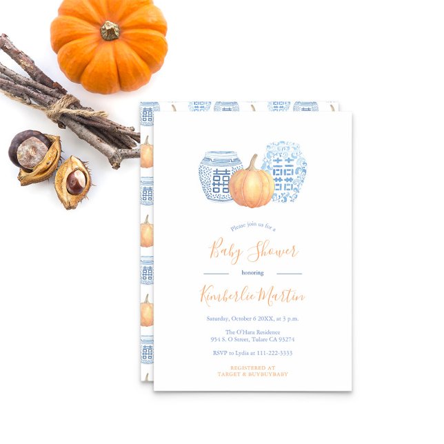 Convites Chá de fraldas Clássico Azul Ginger Jars Pumpkin (Ginger Jars With Orange Pumpkin And Text Baby Shower Party Invitation)
