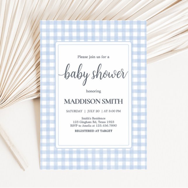 Convites Chá de fraldas Clássico Azul Gingham (Boy Gingham Baby Shower Invitation)