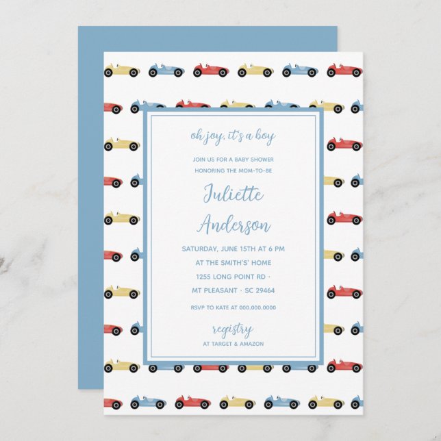 Convites Chá de fraldas Clássico Blue Boy do Carro Race (Frente/Verso)
