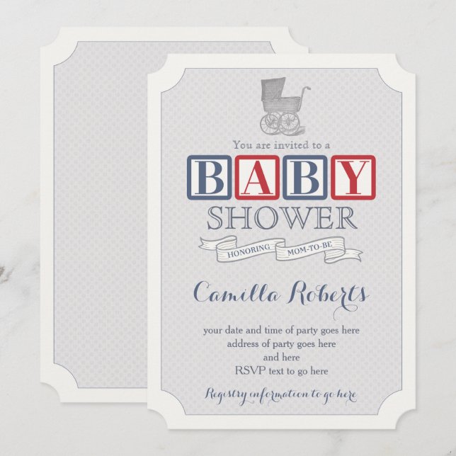 Convites Chá de fraldas Clássico De Carruagem Para Menino (Frente/Verso)