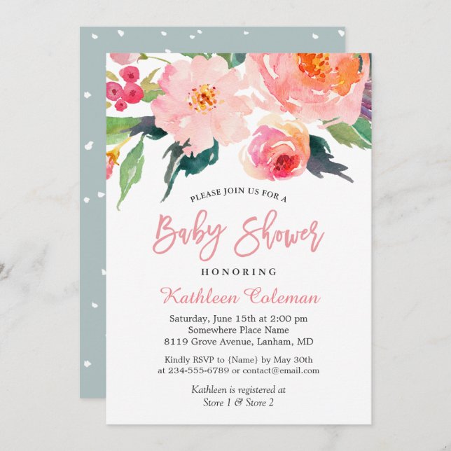 Convites Chá de fraldas Clássico Floral Moderno de Watercol (Frente/Verso)