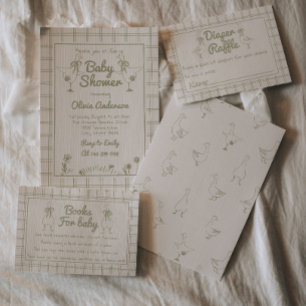 Convites Chá de fraldas Clássico Neutro Verde Desenhado à M