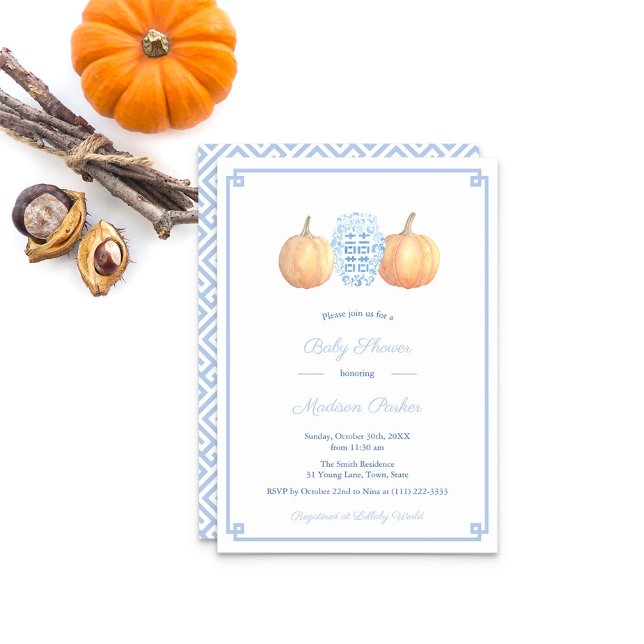 Convites Chá de fraldas Clássico Pumpkin Ginger Fall Boy (Light Blue Greek Key And Ginger Jar With Orange Pumpkins Baby Shower Party Invitation)