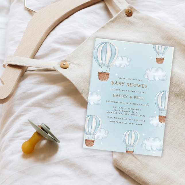 Convites Chá de fraldas Cloud Star Boy Blue Hot Air Balloon (Blue Hot Air Balloon Cloud Star Boy Baby Shower Invitation)