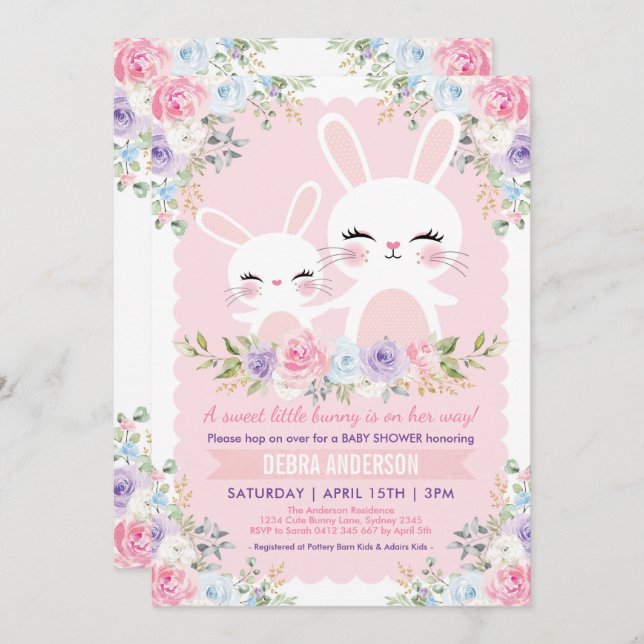 Convites Chá de fraldas Coelho Bonito Primavera Aquarela Fl (Frente/Verso)