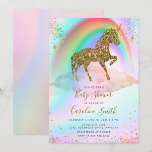 Convites Chá de fraldas Colorida Rainbow Dourado Glitter Un