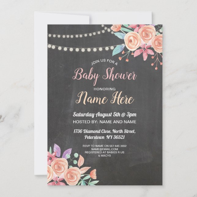 Convites Chá de fraldas Convidar Peach Flower Party Lilac C (Frente)