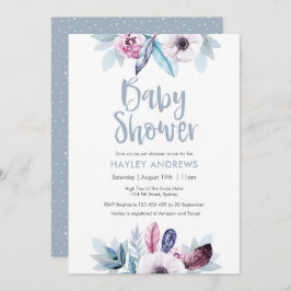 Convites Chá de fraldas-convite Penas florais roxas azuis