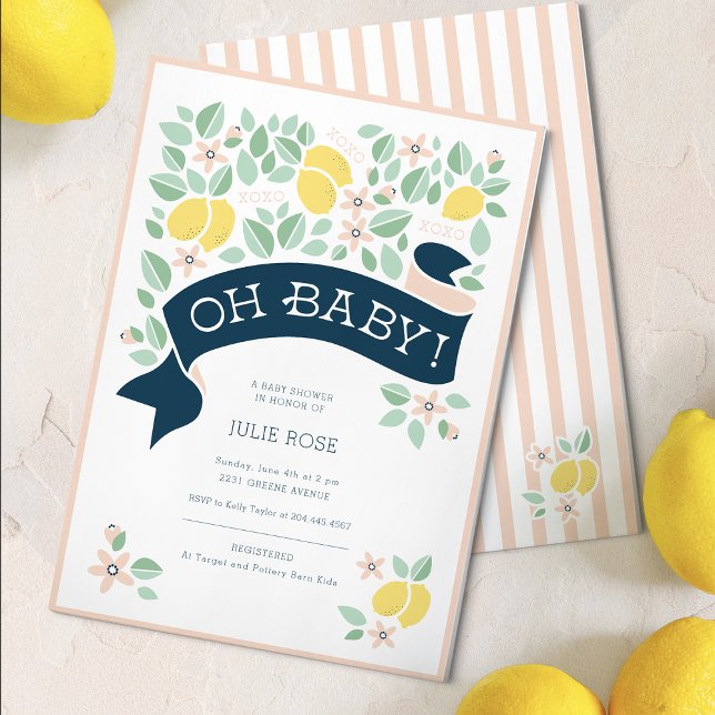 Convites Chá de fraldas Cor-de-rosa com limão (Cute Lemon Yellow Botanical Bold Baby Shower  Invitation)