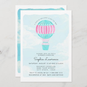Convites Chá de fraldas cor-de-rosa do balão de ar quente