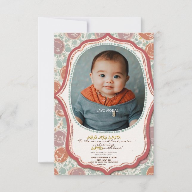 Convites chá de fraldas cor-de-rosa, elementos florais fofo (Frente)