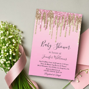 Convites chá de fraldas cor-de-rosa, gotejamento de ouro, c