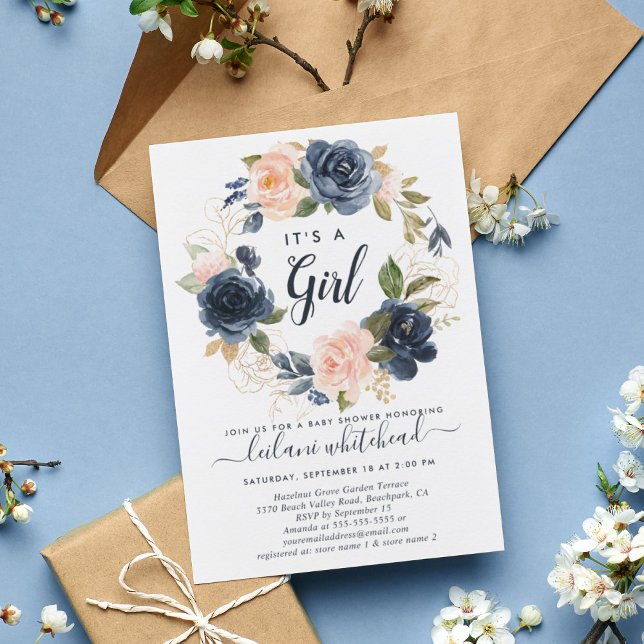 Convites Chá de fraldas Cor-de-Rosa, Marinho Floral (Criador carregado)