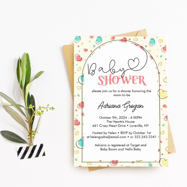 Convites Chá de fraldas Coração Corante Bonito (Criador carregado)