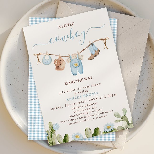 Convites Chá de fraldas Cowboy Cactus Blue Clothesline (Little Cowboy Baby Shower Invitation Blue Floral Cactus, Cowboy Baby Shower Invitation Clothesline)