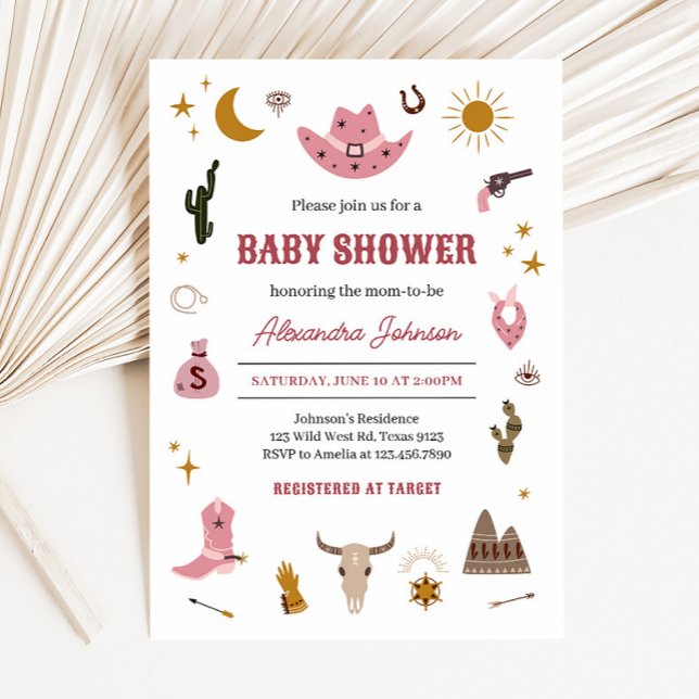 Convites Chá de fraldas Cowgirl (Pink Wild West Baby Shower Invitation)