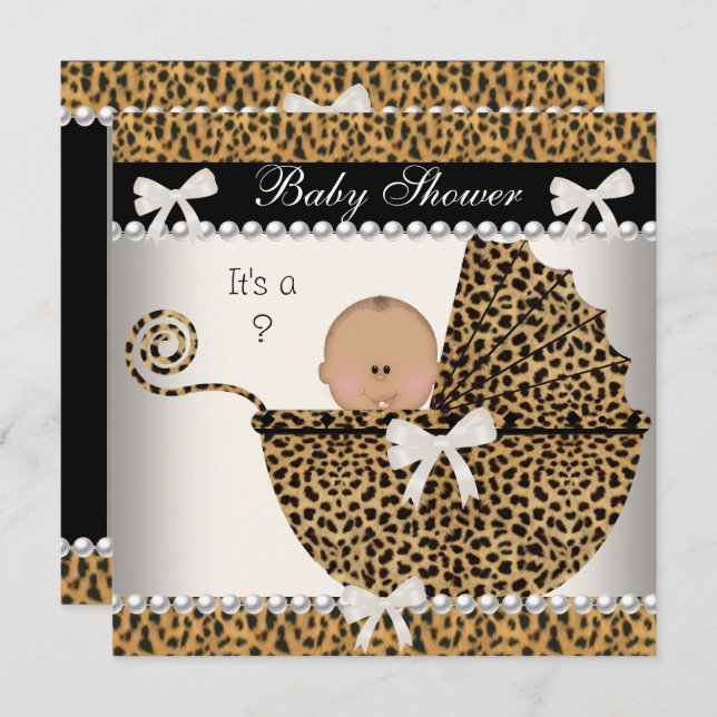 Convites Chá de fraldas Cubo Bebê Leopardo revela 2 (Frente/Verso)